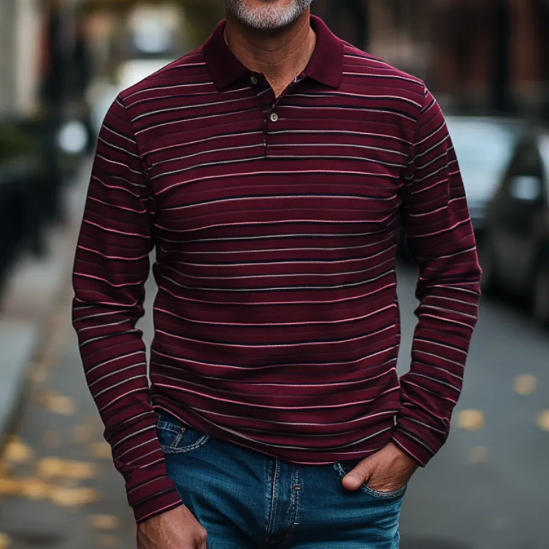 Men's Trendy Burgundy Striped Long-sleeved Polo Shirt 15997859F