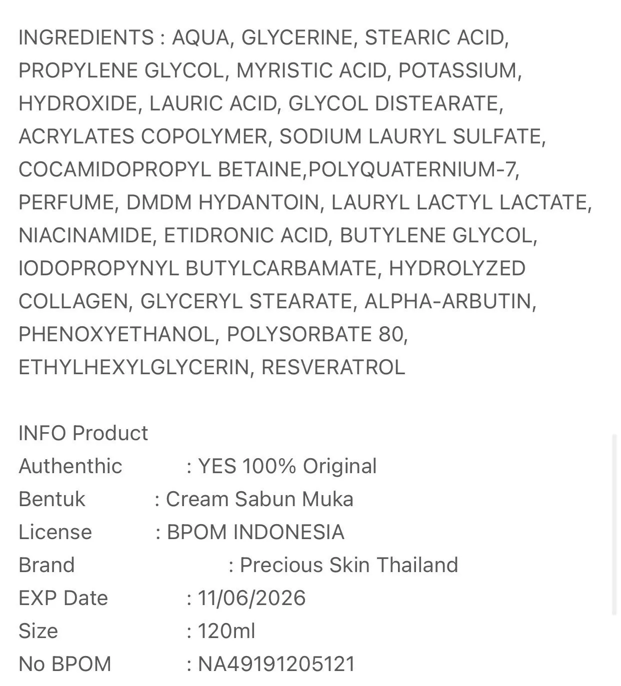 Precious Skin Thailand Alpha Arbutin 3    Collagen Foaming Face Cleanser/Sabun Wajah/Foaming 120ml